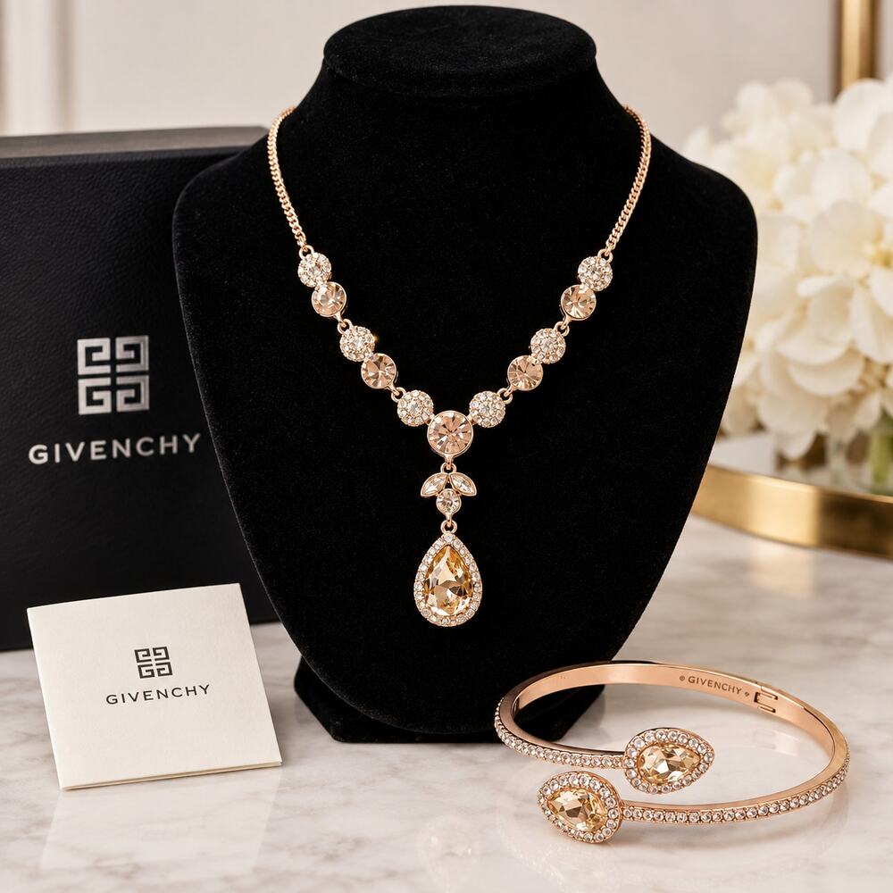 Givenchy Rose Gold Tone Crystal Necklace Bracelet Set Champagne Rhinestone